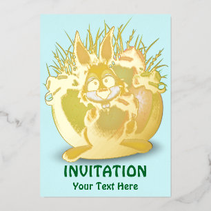 Funny Bunny biting an Easter Egg Foil Invitation
