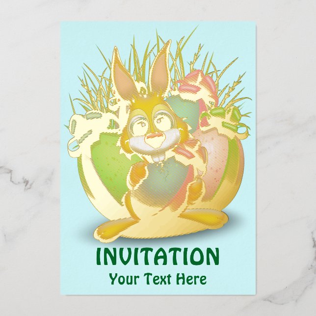 Funny Bunny biting an Easter Egg Foil Invitation (Front)