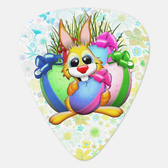 Funny Bunny biting an Easter Egg Guitar Pick (Front)