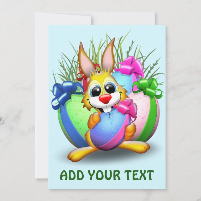 Funny Bunny biting an Easter Egg Holiday Card (Front)