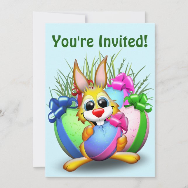 Funny Bunny biting an Easter Egg Invitation (Front)