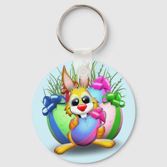 Funny Bunny biting an Easter Egg Keychain (Front)