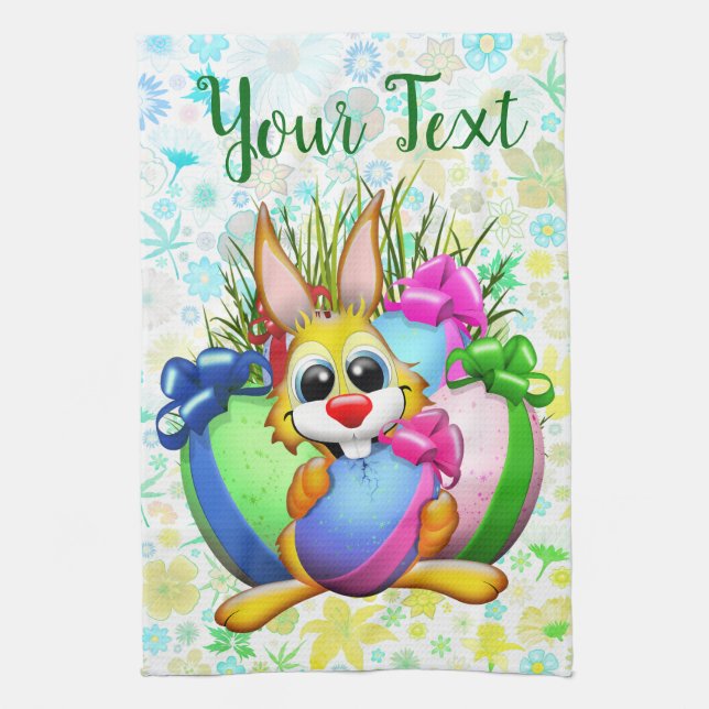 Funny Bunny biting an Easter Egg Kitchen Towel (Vertical)