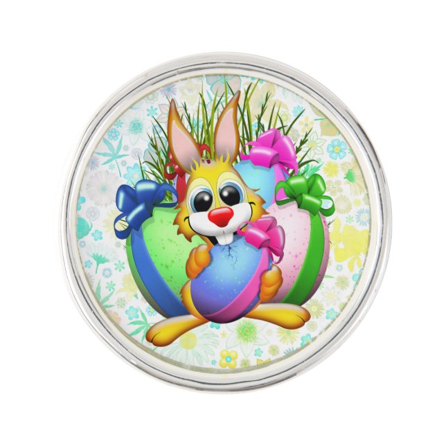 Funny Bunny biting an Easter Egg Lapel Pin (Front)