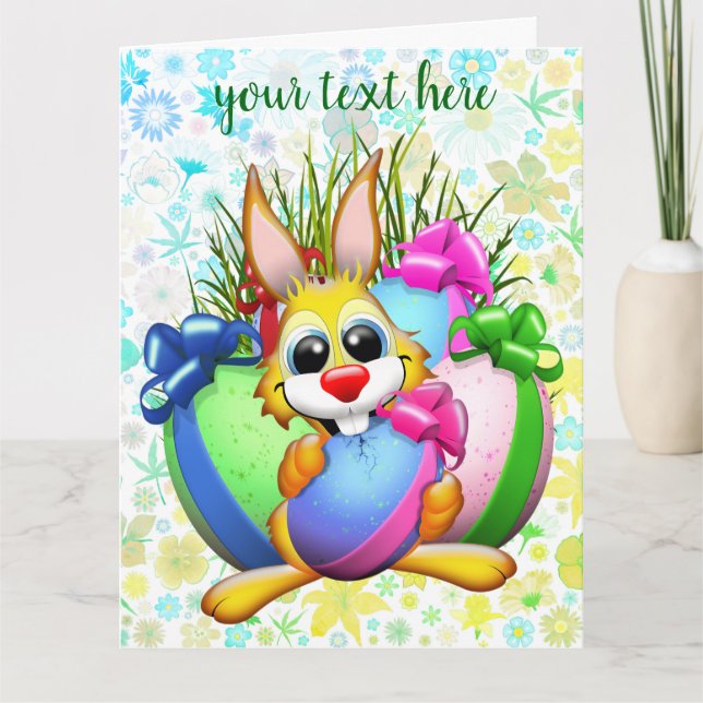 Funny Bunny biting an Easter Egg Letterpress Thank You Card (Front)