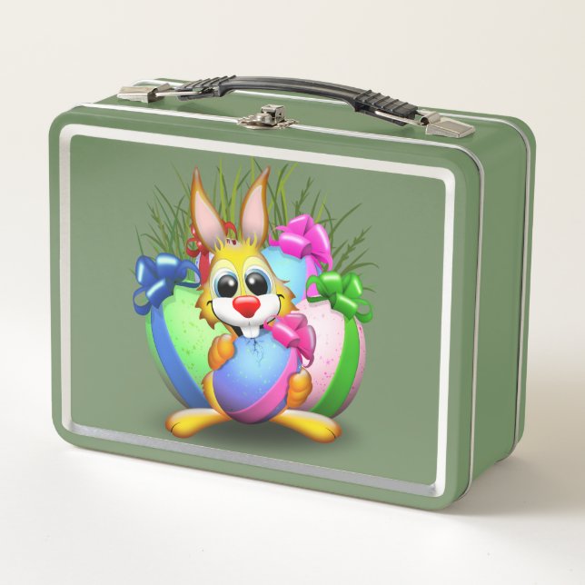 Funny Bunny biting an Easter Egg Metal Lunch Box (Front)