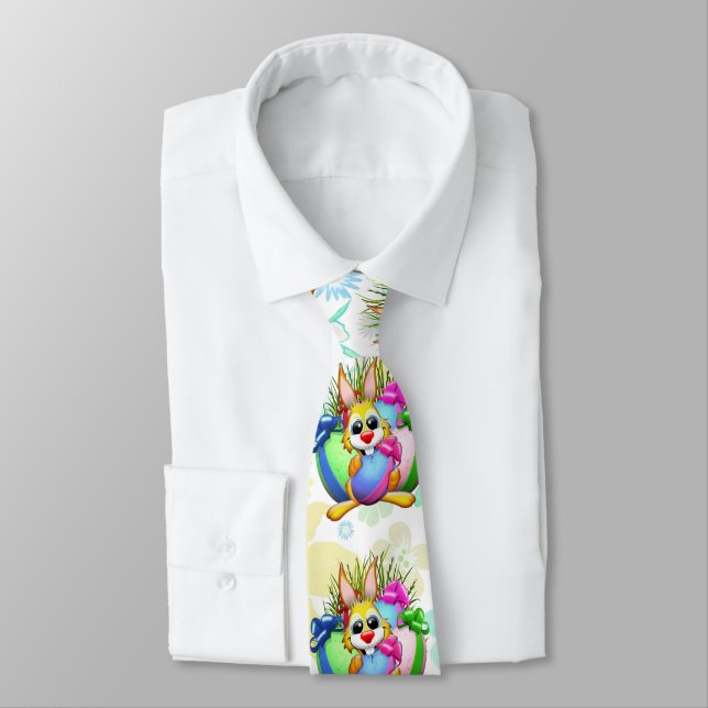 Funny Bunny biting an Easter Egg Neck Tie (Tied)