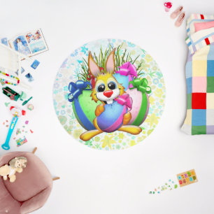 Funny Bunny biting an Easter Egg Outdoor Rug