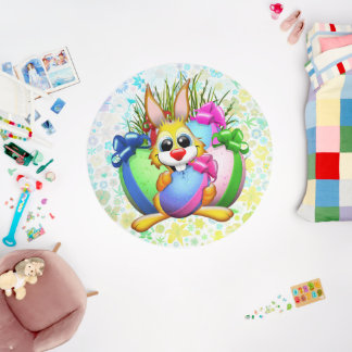 Funny Bunny biting an Easter Egg Outdoor Rug