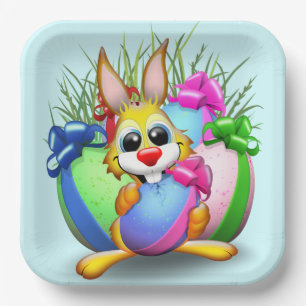Funny Bunny biting an Easter Egg Paper Plates