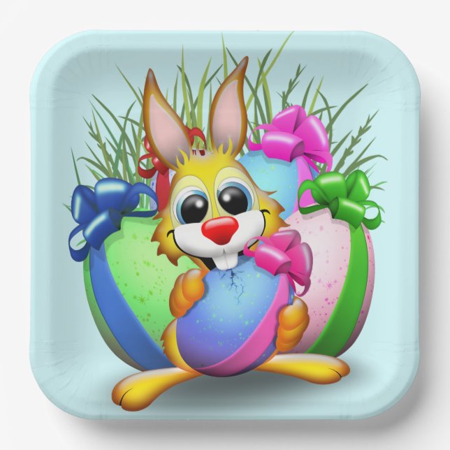 Funny Bunny biting an Easter Egg Paper Plates (Front)