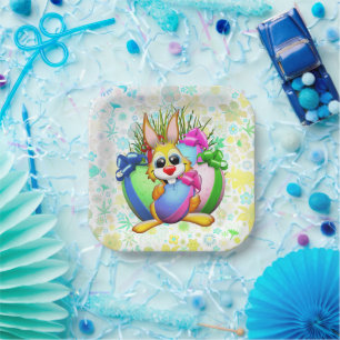 Funny Bunny biting an Easter Egg Paper Plates