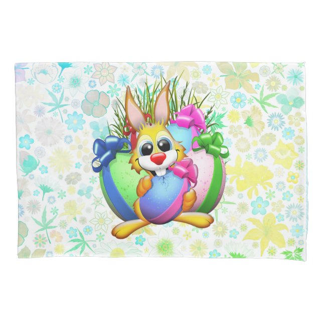 Funny Bunny biting an Easter Egg Pillow Case (Front)