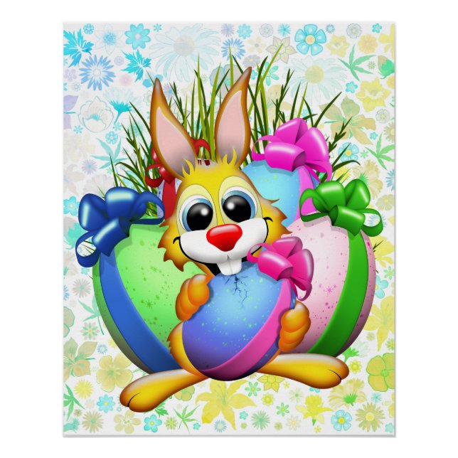 Funny Bunny biting an Easter Egg Poster (Front)