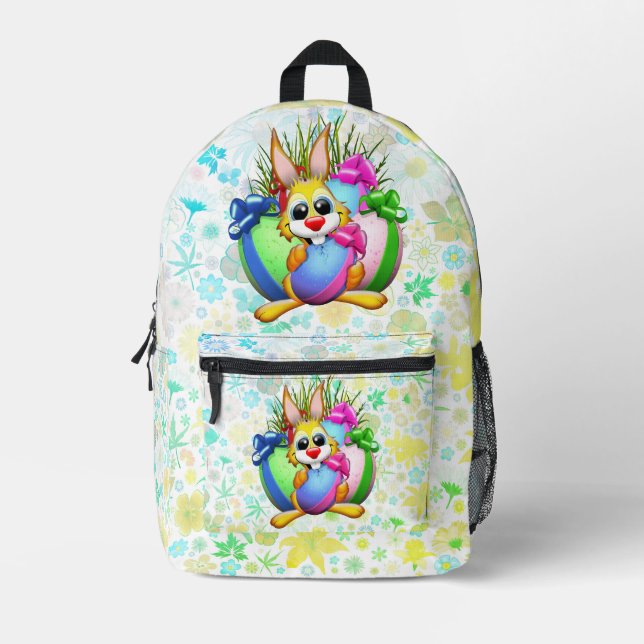 Funny Bunny biting an Easter Egg Printed Backpack (Front)