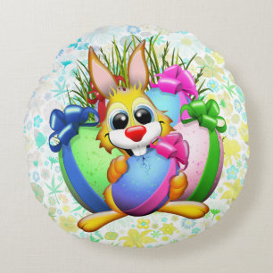 Funny Bunny biting an Easter Egg Round Pillow