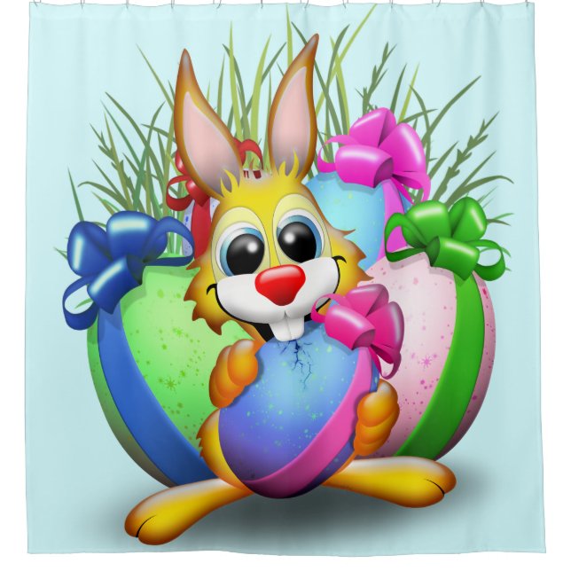 Funny Bunny biting an Easter Egg Shower Curtain (Front)