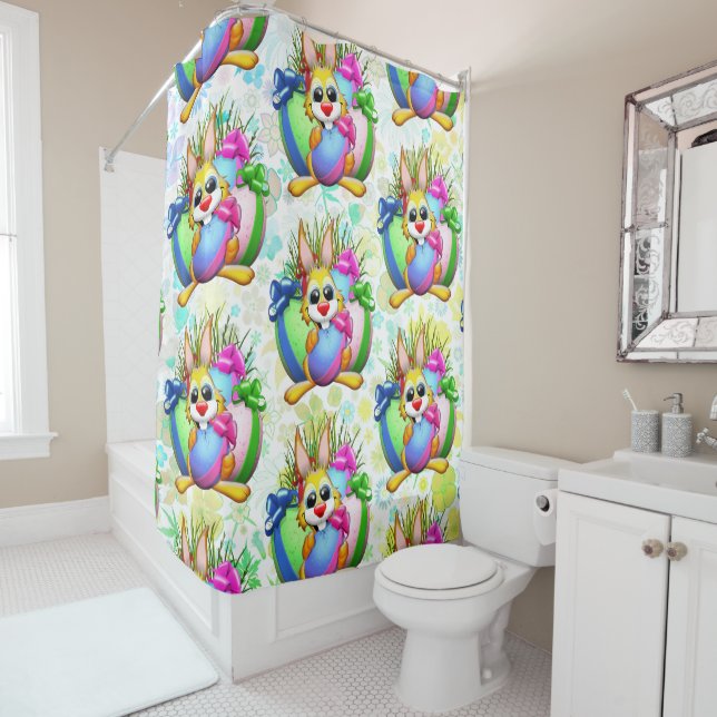 Funny Bunny biting an Easter Egg Shower Curtain (In Situ)