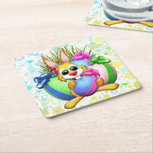 Funny Bunny biting an Easter Egg Square Paper Coaster