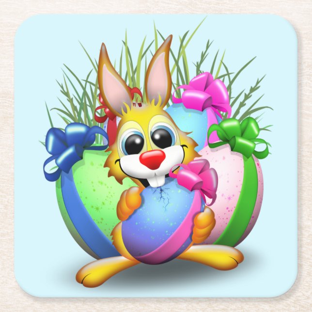 Funny Bunny biting an Easter Egg Square Paper Coaster (Front)