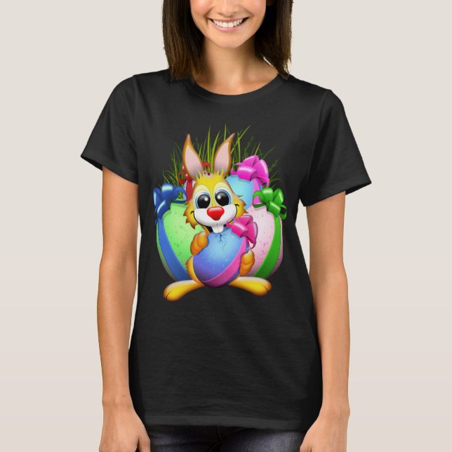 Funny Bunny biting an Easter Egg T-Shirt (Front)