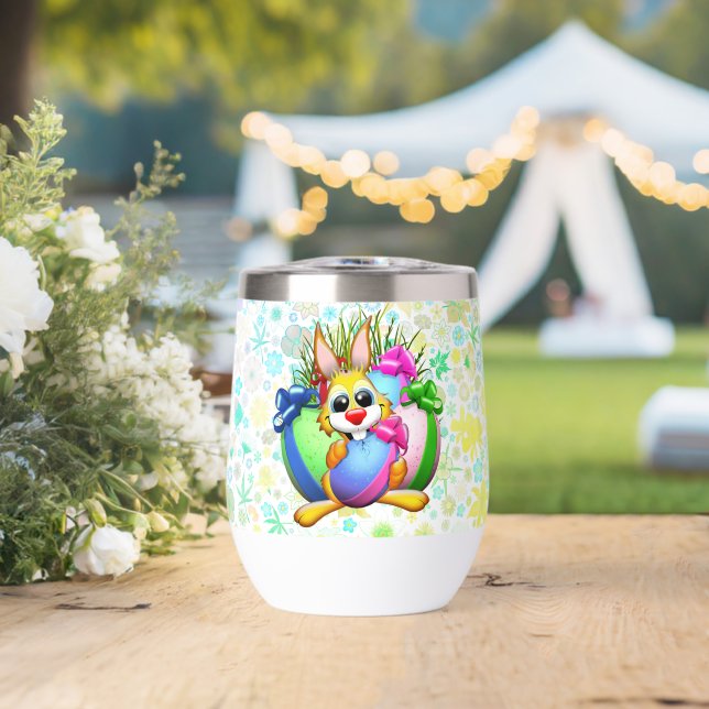 Funny Bunny biting an Easter Egg Thermal Wine Tumbler (Wedding (Rotated))