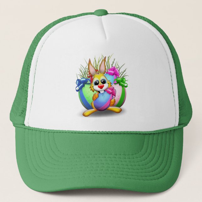 Funny Bunny biting an Easter Egg Trucker Hat (Front)