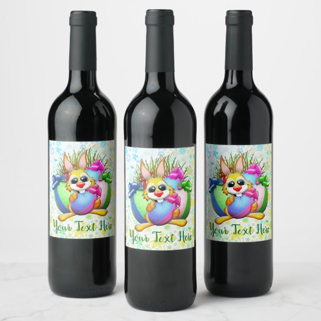 Funny Bunny biting an Easter Egg Wine Label (Bottles)