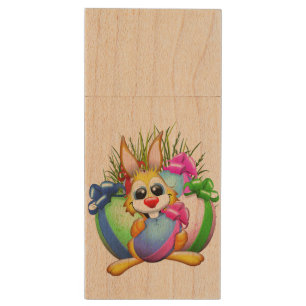 Funny Bunny biting an Easter Egg Wood Flash Drive