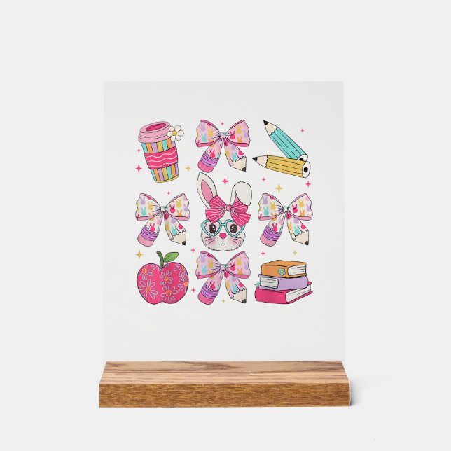 Funny Bunny Coquette Bow Rabbit Teacher Easter Ret Acrylic Sign (Front)