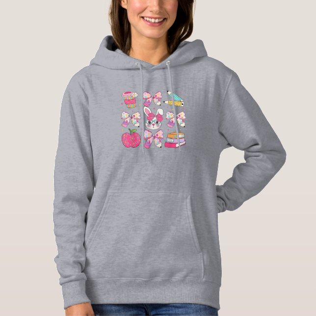 Funny Bunny Coquette Bow Rabbit Teacher Easter Ret Hoodie (Front)