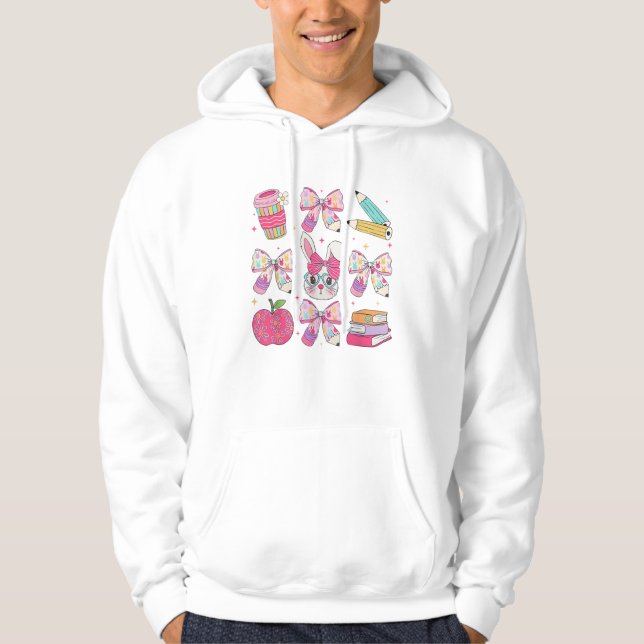 Funny Bunny Coquette Bow Rabbit Teacher Easter Ret Hoodie (Front)