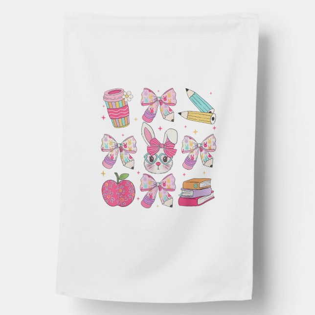 Funny Bunny Coquette Bow Rabbit Teacher Easter Ret House Flag (Front)