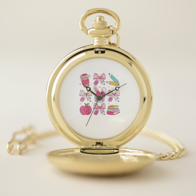 Funny Bunny Coquette Bow Rabbit Teacher Easter Ret Pocket Watch (Inside)