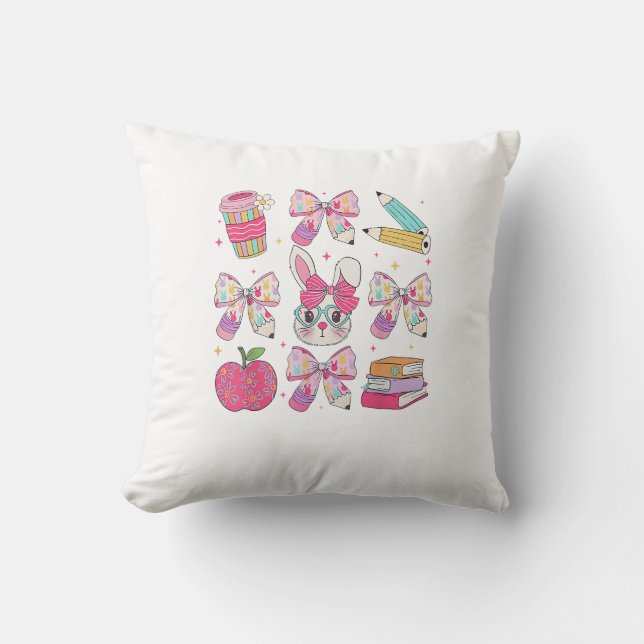Funny Bunny Coquette Bow Rabbit Teacher Easter Ret Throw Pillow (Front)