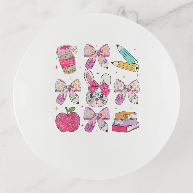 Funny Bunny Coquette Bow Rabbit Teacher Easter Ret Trinket Tray (Front)