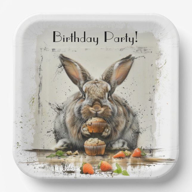 Funny Bunny Cupcake Whimsical Birthday Party Paper Plates (Front)