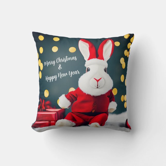 Funny Bunny Cute Christmas Rabbit Santa Gift  Throw Pillow (Front)