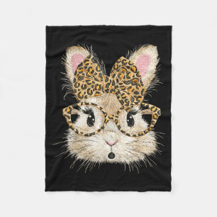 Funny bunny face glasses coquette bow leopard fleece blanket