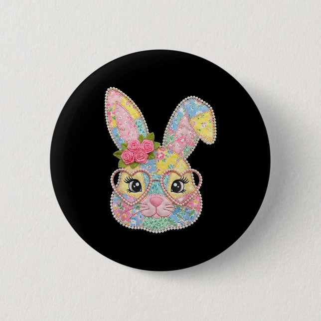 Funny bunny face glasses floral patchwork rabbit button (Front)