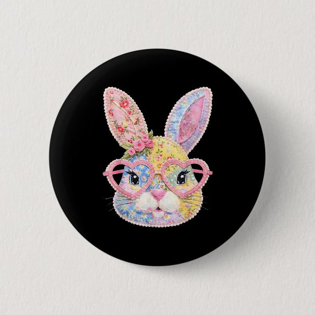 Funny Bunny Face Gles Floral Patchwork Rabbit East Button (Front)