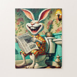 Funny Bunny on Toilet Bathroom Art  Jigsaw Puzzle