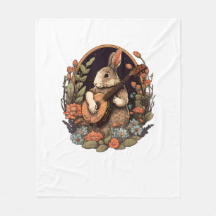 Funny Bunny Playing Banjo Guitar Music Rabbit Happ Fleece Blanket