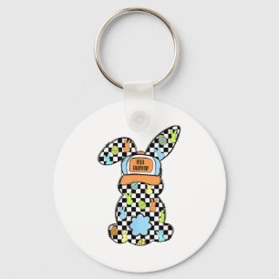 Funny Bunny Rabbit Eggs Happy Easter Checkered Cou Keychain