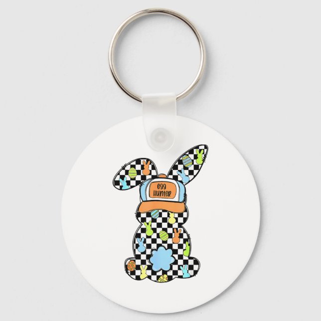 Funny Bunny Rabbit Eggs Happy Easter Checkered Cou Keychain (Front)