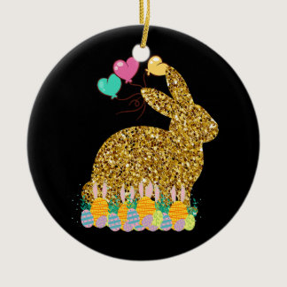 Funny Bunny Rabbit GlitterHeart Egg Hunting Ceramic Ornament