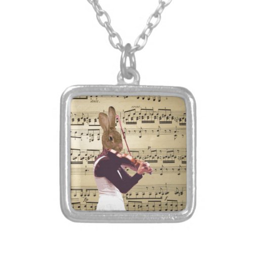 Funny bunny rabbit violinist silver plated necklace