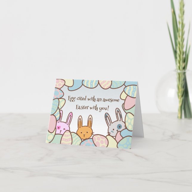 Funny Bunny Rabbits and Eggs Personalized Easter Holiday Card (Front)