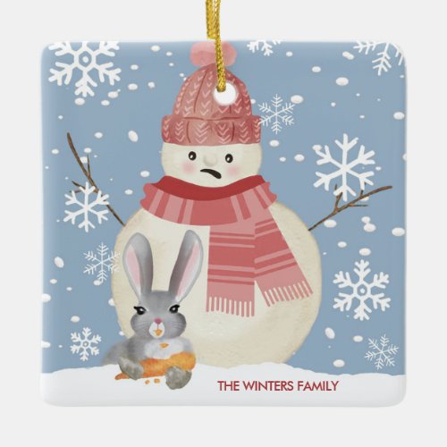 Funny Bunny Snowman Christmas Ceramic Ornament