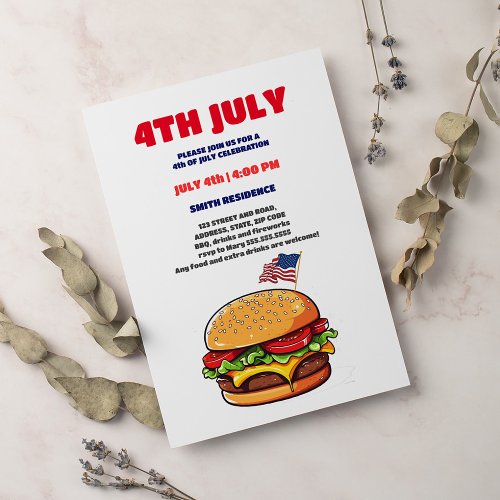 Funny burger american flag plaid bbq 4th of July I Invitation